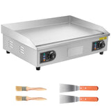 VEVOR Commercial Electric Griddle, 25.79 x 15.75 inch, 2800W, 122-570°F Adjustable Temp Control, Stainless Steel Body, Full Flat, with 2 Spatulas, 2 Brushes, and 4 Foot Pads, for Steak, Pancake