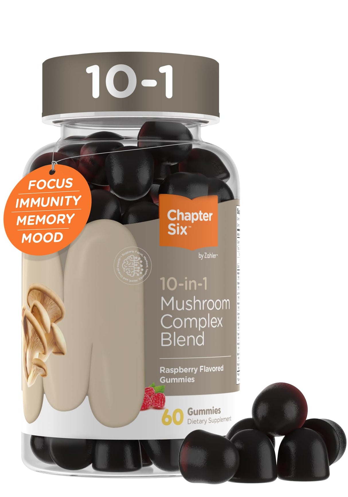 Zahler 10-in-1 Mushroom Gummies Raspberry Flavored with Lions Mane Mushroom, Reishi, Cordyceps, White Button, Plus 6 Adaptogenic Mushrooms 60
