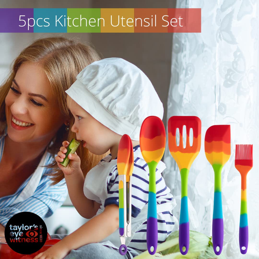 Taylors Eye Witness Rainbow Silicone Turner, Spoon, Spatula, Tongs and Brush Set – Dishwasher Safe, Heat Resistant, 5 Piece Set