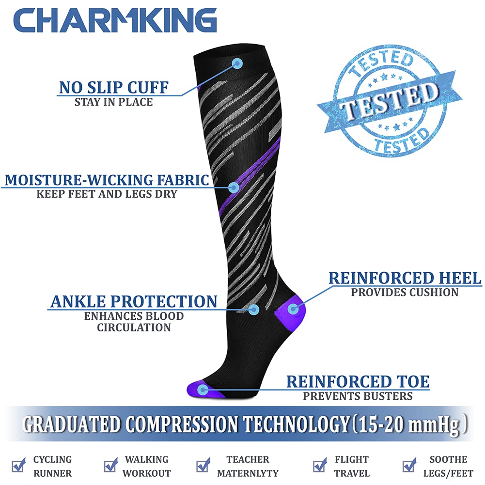CHARMKING Compression Socks for Women & Men (8 Pairs) 15-20 mmHg Graduated Copper Support Socks are Best for Pregnant, Nurses - Boost Performance, Circulation, Knee High & Wide Calf (L/XL, Multi 33)