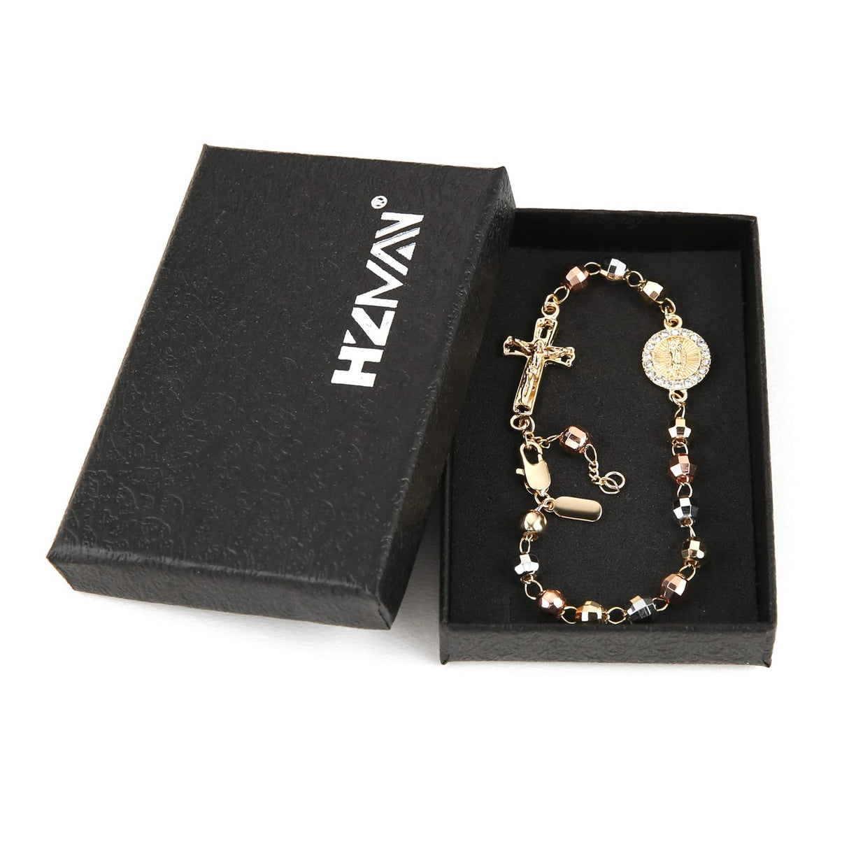 HZMAN Brass Virgin Mary Cross Rosary Bead Bracelet for Women