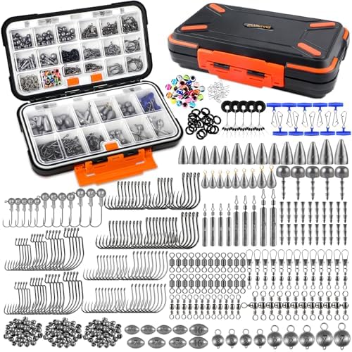 PLUSINNO 264/397pcs Fishing Accessories Kit, Organized Fishing Tackle Box with Tackle Included, Fishing Hooks, Fishing Weights Sinkers, Swivels, Beads, Fishing Gear Set Equipment for Bass Trout