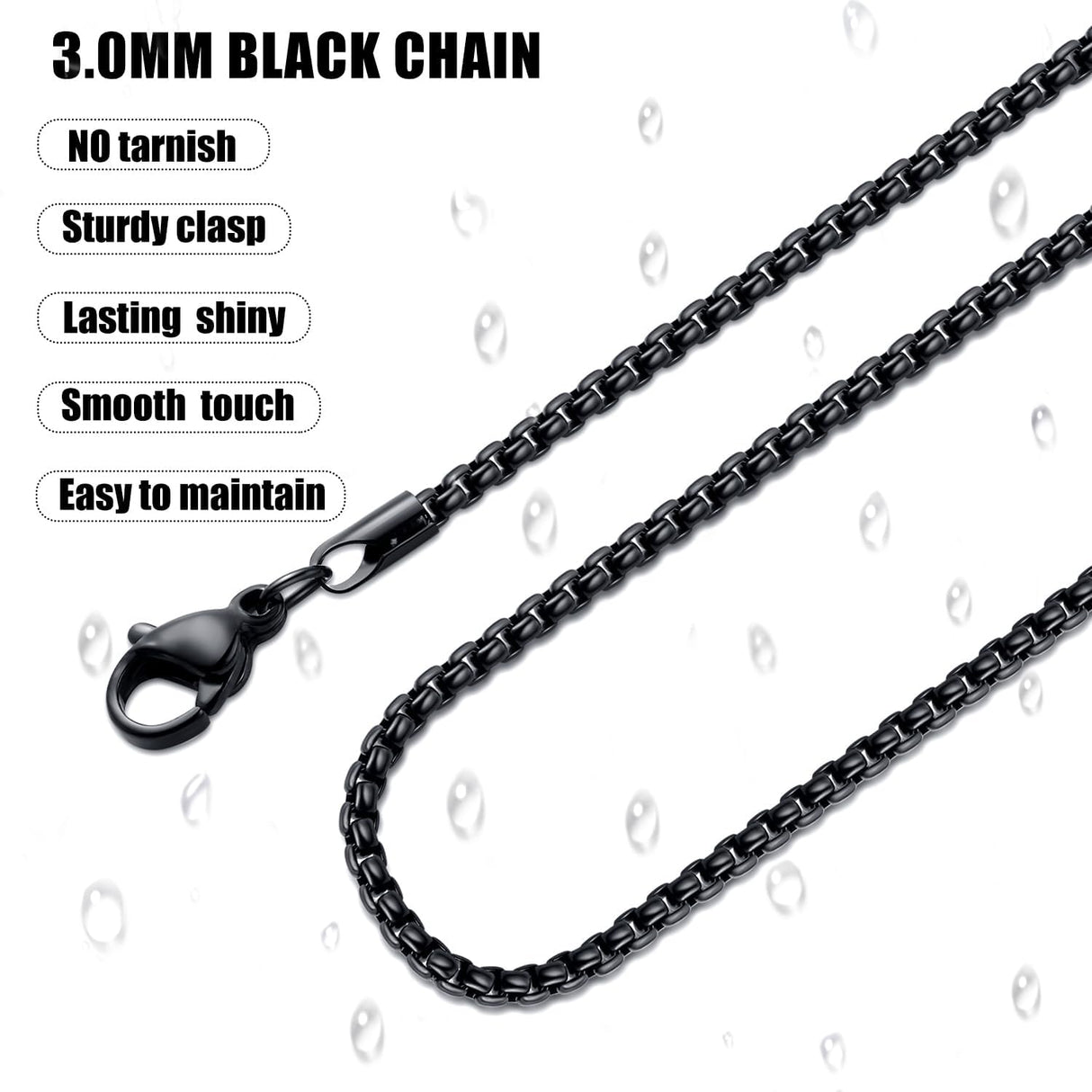 Fiusem Black Chain for Men, 3mm Stainless Steel Necklace for Men and Women, Box Chain 24 Inches