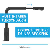 Bächlein 360 Degree Rotating Kitchen Mixer (Matte Black) - Stainless Steel Single Lever Sink Mixer with Extendable Hose and Switch Shower, Water Faucet