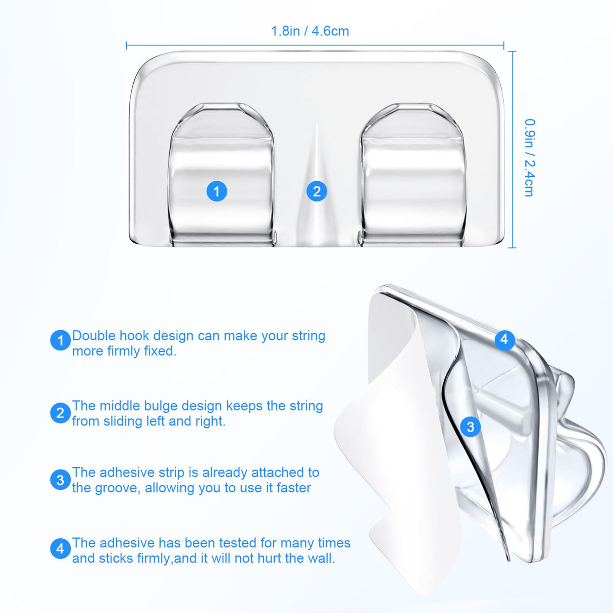 Hooks for Outdoor String Lights Clips: 40Pcs Heavy Duty Light Hook with Waterproof Adhesive Strips - Outside Clear Cord Holders for Hanging Christmas Lighting - Outdoors Sticky Clip