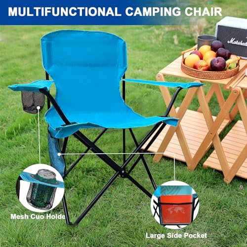 2PCS Folding Camping Collapsible Chairs Heavy Duty Lawn Chair with Cooler Bag, Storage Pocket, Waterproof Bag Outdoor Arm Chair, Supports 225LBS, Blue