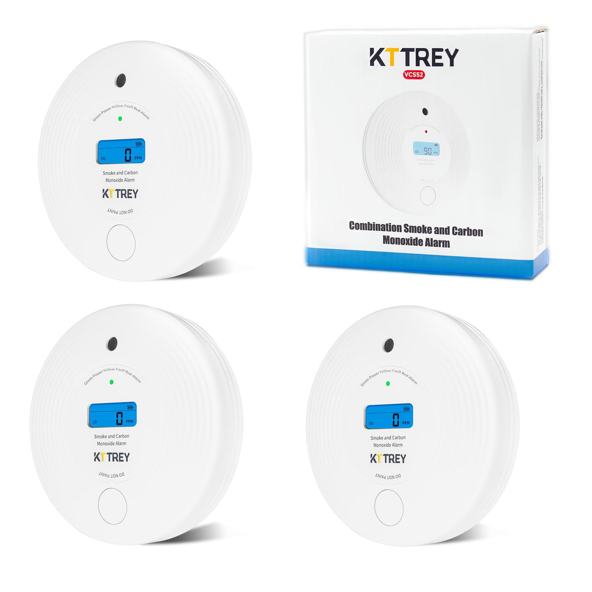 Smoke Detector Carbon Monoxide Detector Combo 10 Year Battery, Kttrey 2 in 1 CO & Smoke Alarm with LCD Screen and Test/Silence Button, 3 Pack