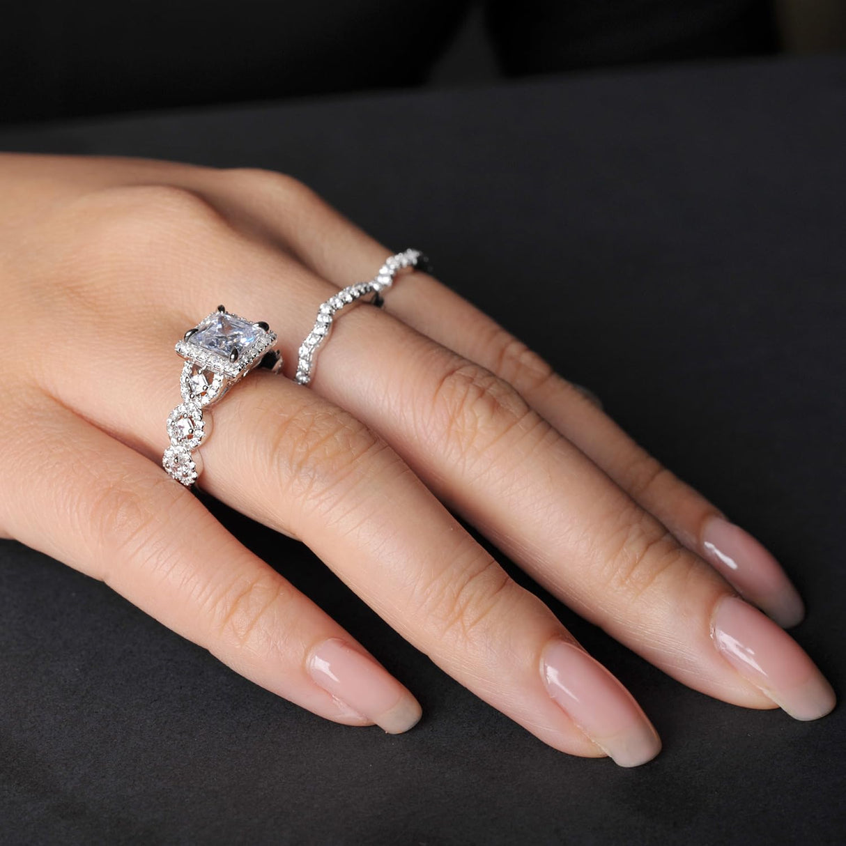 RYANEE Princess Cut Cubic Zirconia Halo Promise Engagement Ring For Women in 925 Sterling Silver, Simulated Diamond 14k White Gold Plated CZ Stackable Rings For Her, Wedding Band Bridal Ring Set 6