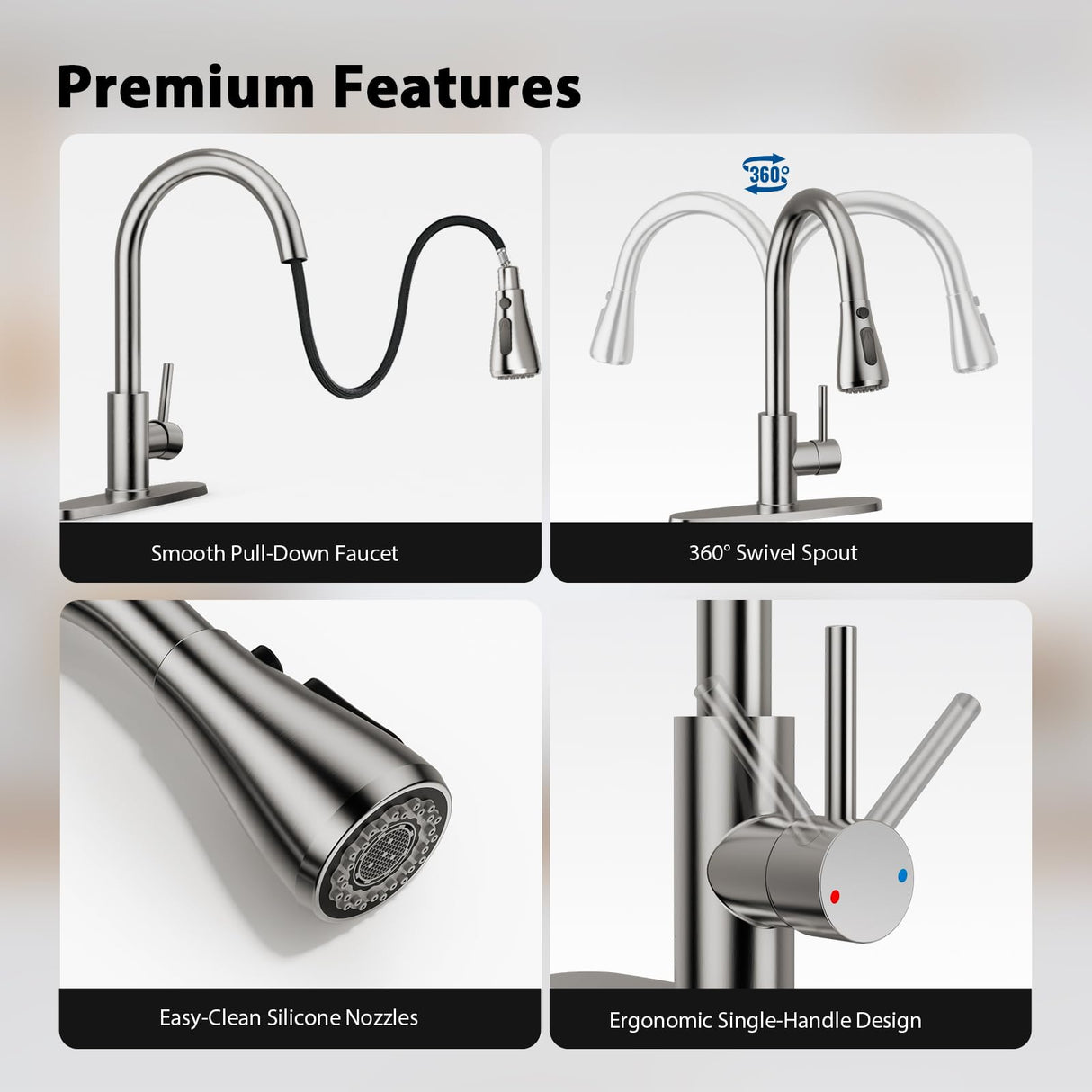 FEELSO Kitchen Faucets with Pull Down Sprayer, High Arc Stainless Steel Single Handle Kitchen Sink Faucet, 1 or 3 Hole Brushed Nickel Water Faucets for Farmhouse Laundry Camper Rv Bar