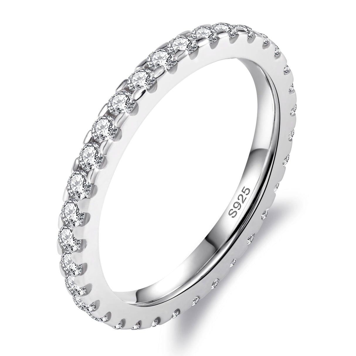 Delzzad Moissanite Rings for Women, Solid S925 Sterling Silver with 18K White Gold Plated Full Eternity Wedding Bands Stackable Engagement Ring - 1CT 2.3mm D Color VVS1 Moissanite Jewelry Anniversary Band (Full Eternity, Silver, 6)