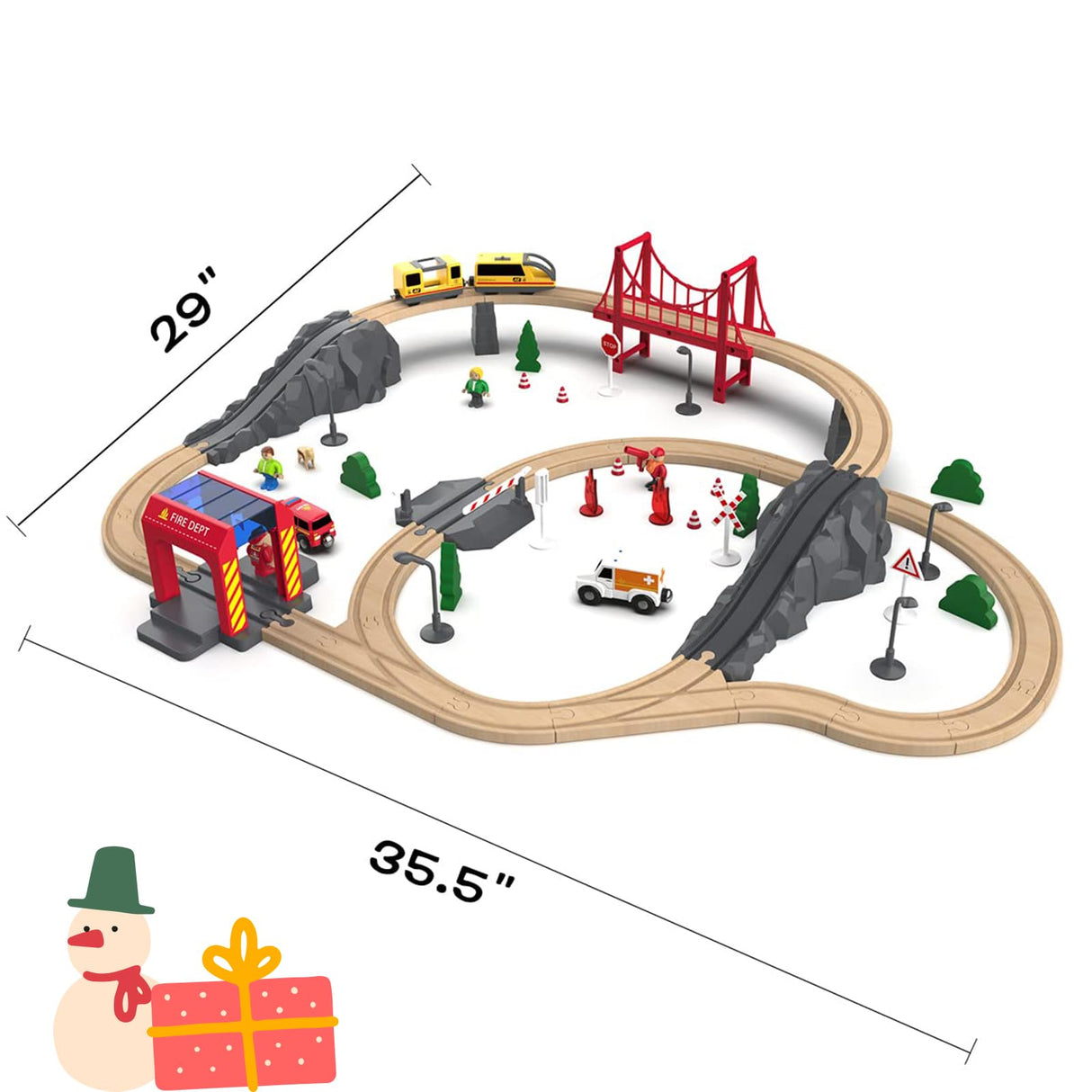 Giant bean 72PCS Fire Station Wooden Train Track Electric Train Set, Gift Packed Toy Railway Kits for Kids, Toddler Boys and Girls 3,4,5 Years Old and Up, Christmas Birthday Gift Toy for Kids