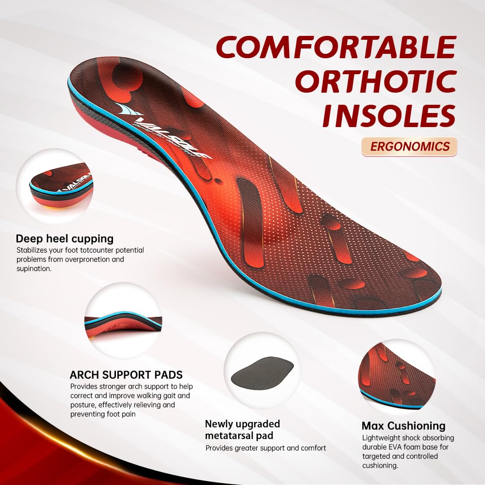 VALSOLE Heavy Duty Support Pain Relief Orthotics - 220+ lbs Plantar Fasciitis High Arch Support Insoles for Men Women,Flat Feet Orthotic Insert,Work Boot Shoe Insole,Absorb Shock with Every Step(Red)