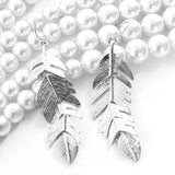 Floating Feathers Dangle Earrings - Silver Tone Long Hanging Leaf Drops