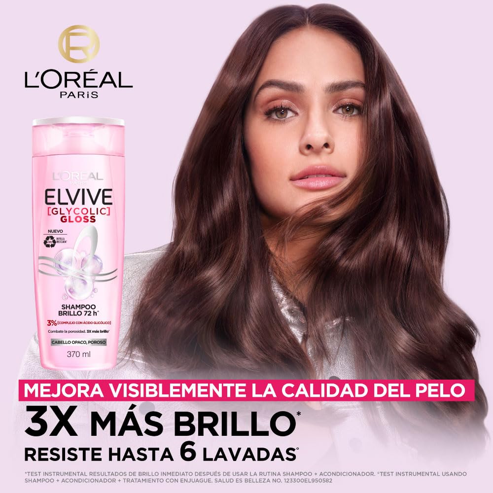 L'Oréal Paris Elvive Champú Glycolic Gloss, con Ácido Glicólico, 370 Ml, 1 unidad