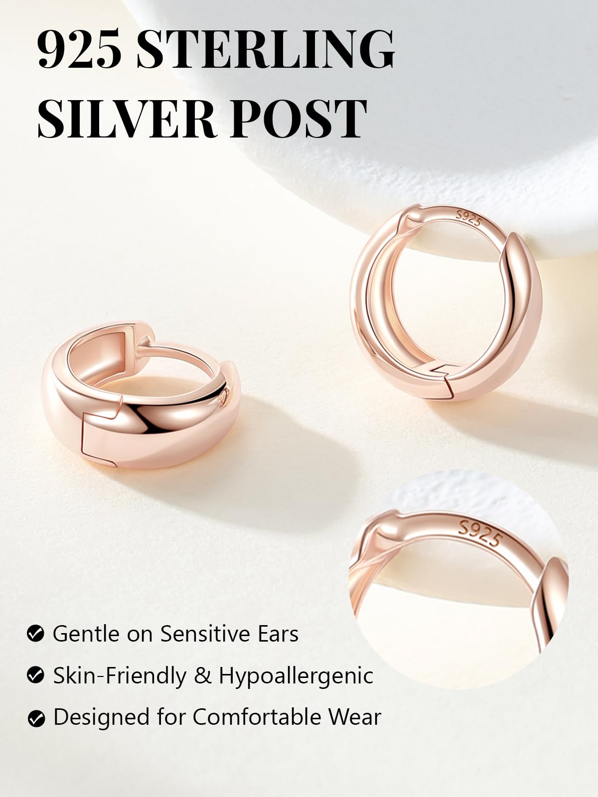 Silvora Rose Gold Huggie Earrings for Women, Small Chunky Hoops with 925 Sterling Silver Post, Lightweight Rose Gold Earrings, 8mm
