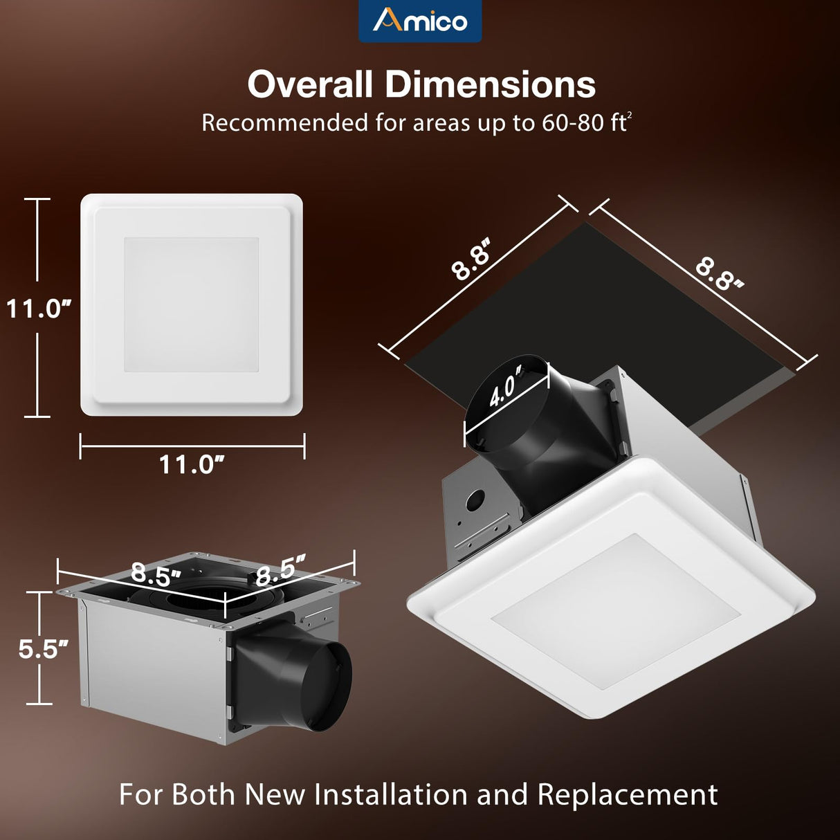 Amico Bathroom Exhaust Fan with Light, 80 CFM, 0.9 Sones, 1000LM, 5CCT, Easy Install, Ceiling Mount Shower Bathroom Fan, Adjustable Household Ventilation Fan, ETL & FCC Certified