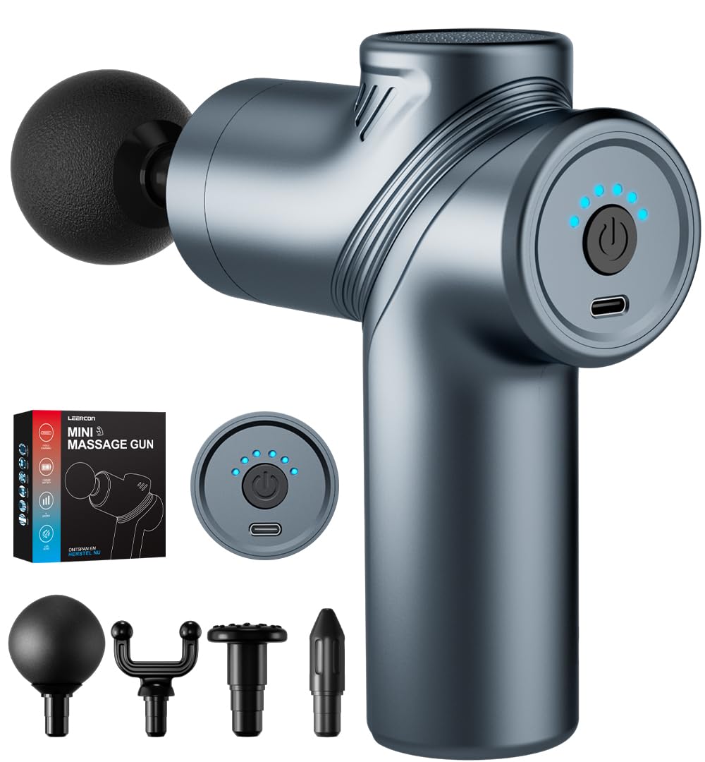 LEERCON Massage Gun Deep Tissue,Small Travel Percussion Massage Gun with 4 Massage Heads 6 Speeds for Relieving Muscle Soreness for Office Gifts for Him（Blue）