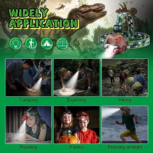 Dinosaur Headlamp for Kids Flashlight 2 Pack, Rechargeable Led Headlights Roar & Silent Mode, T-Rex Dinosaur Toys 3-5 4-6 5-7 6-8, Camping Gear, Easter Gifts for Boys Girls Adults