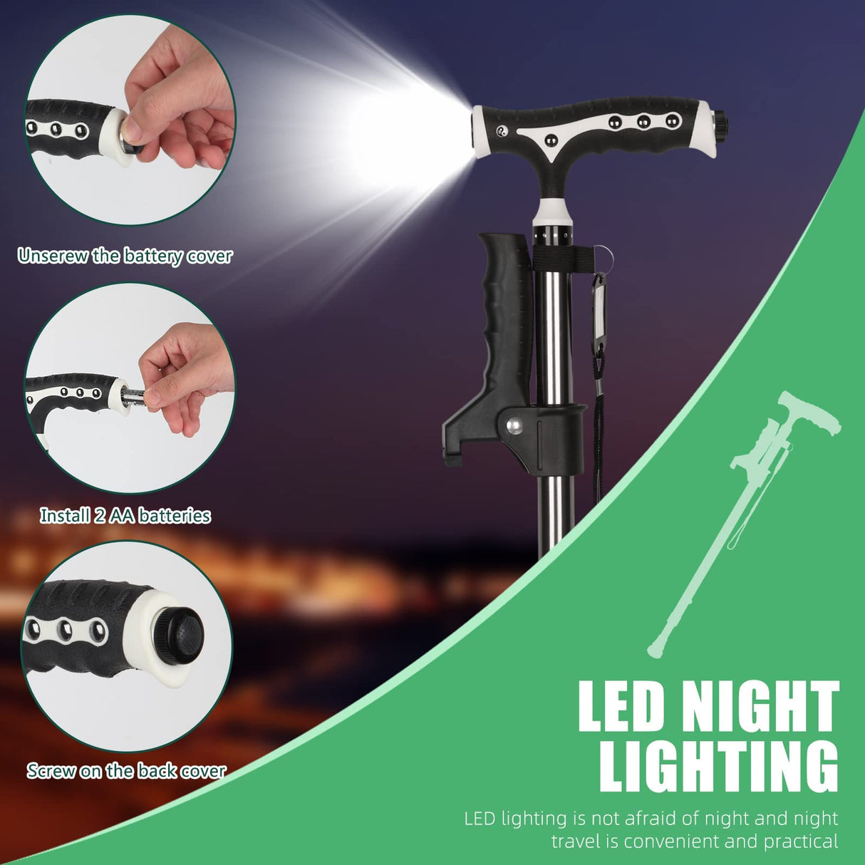 Hold 440 Lbs Walking Cane for Men & Women Aluminum Alloy Lightweight Height Adjustable Walking Stick Heavy Duty Foldbale Free Standing Cane with LED for Seniors Adults Black
