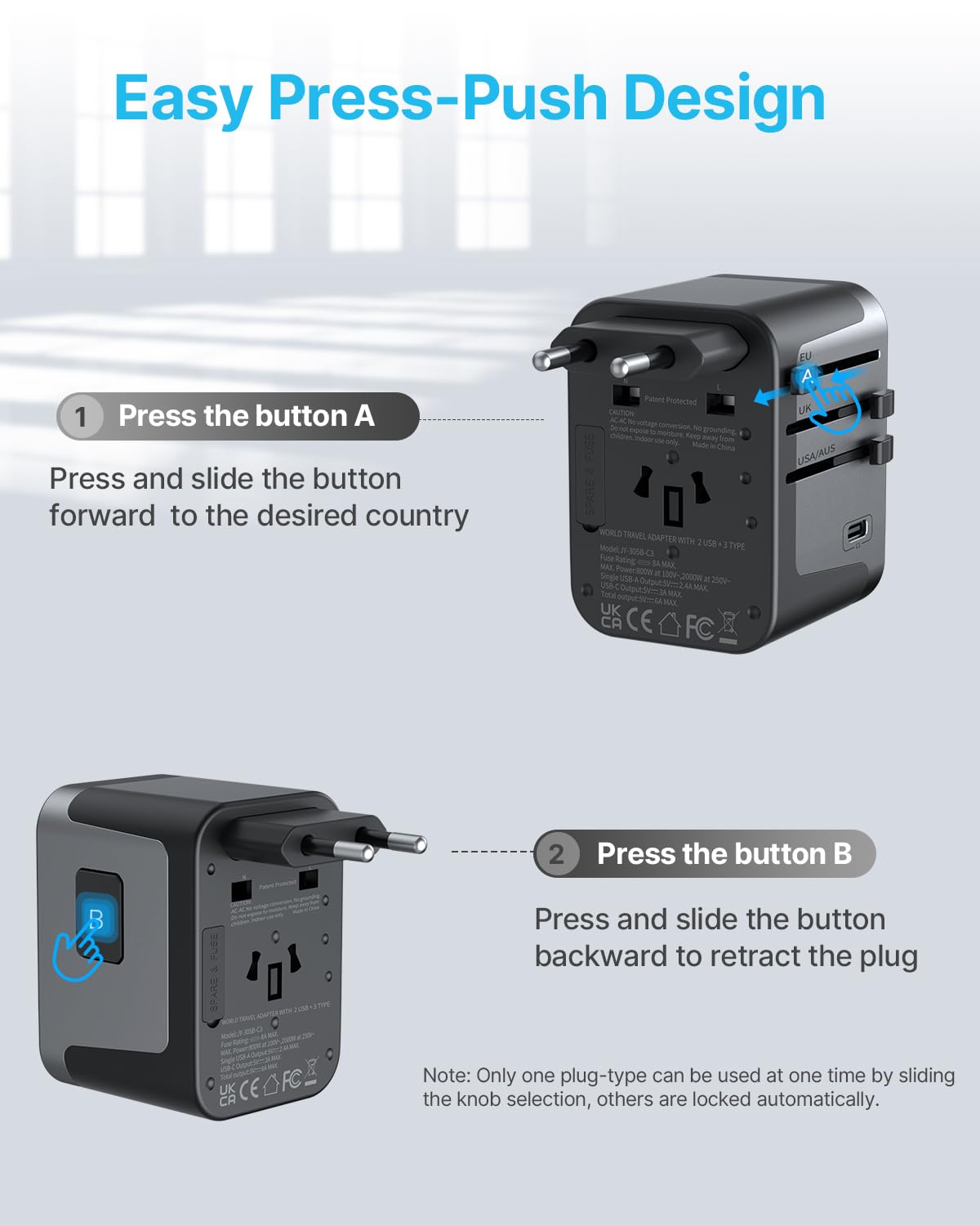Universal Travel Adapter, VINTAR 35.5W International Power Adapter with 3 USB A QC and 2 USB C PD, All in One Plug Adapter Worldwide Travel Essentials for EU/UK/USA/AUS(Type C/G/A/I), Black