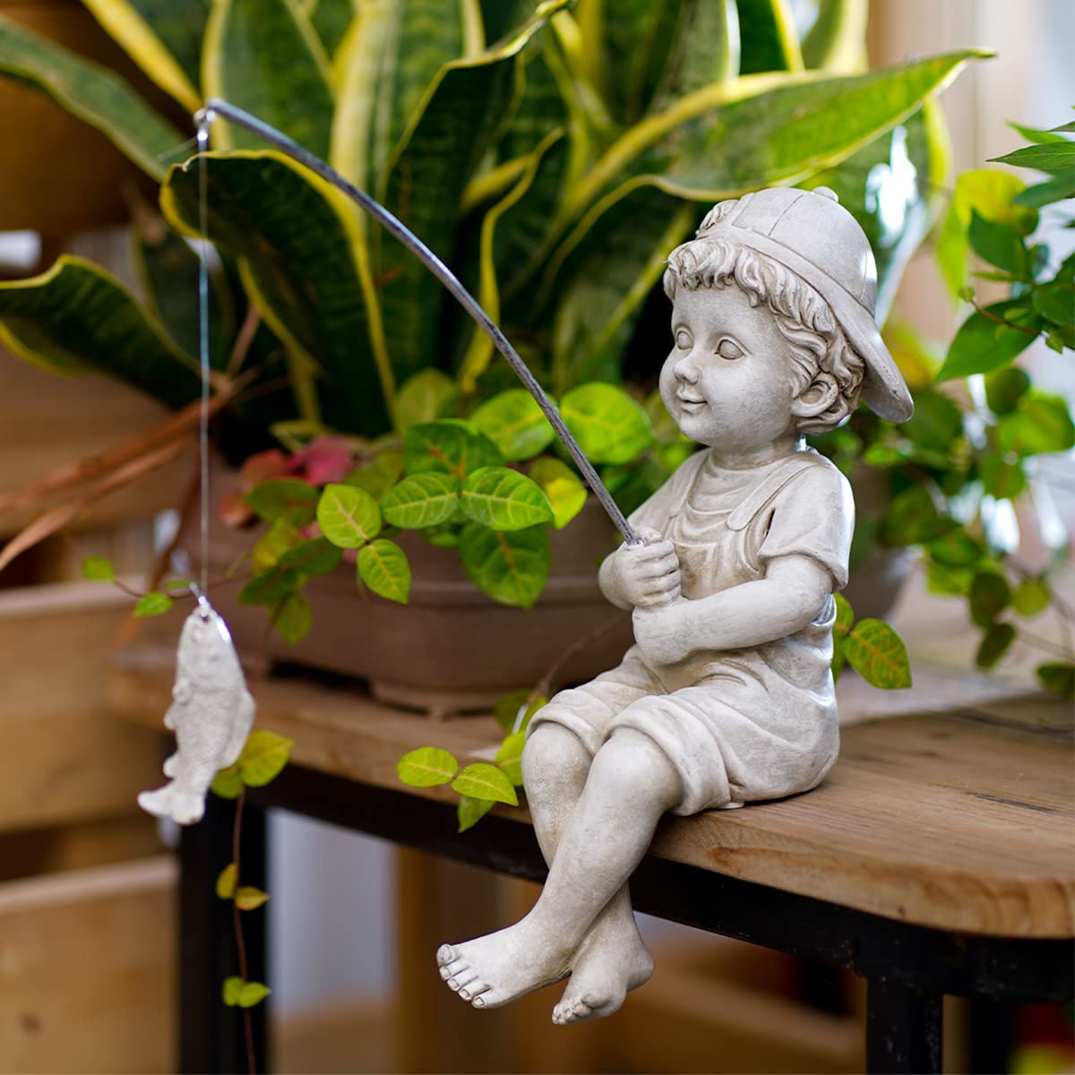 Goodeco Fisherboy Statue Garden Decor - 11" Little Fishing Guy for Koi Pond or Waterfalls, Poolside Statue with Glow in Dark Pebbles Included, Great Gifts for Mom, Women or Birthdays, Gift Ideas