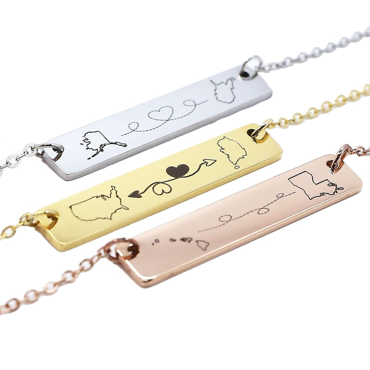 Personalized Long Distance Necklace Custom State Country Engraved Bar Pendant Stainless Steel Adjustable Cable Chain Jewelry for Couples Family Friends Deployment Relationship Keepsake