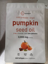 Pumpkin Seed Oil with Saw Palmetto, 3000mg Per Serving, 300 Softgels | Cold Pressed, Pure Virgin Oil, Essential Fatty Acids & Phytosterols | Supports Hair, Urinary, Bladder & Prostate Health | Non-GMO