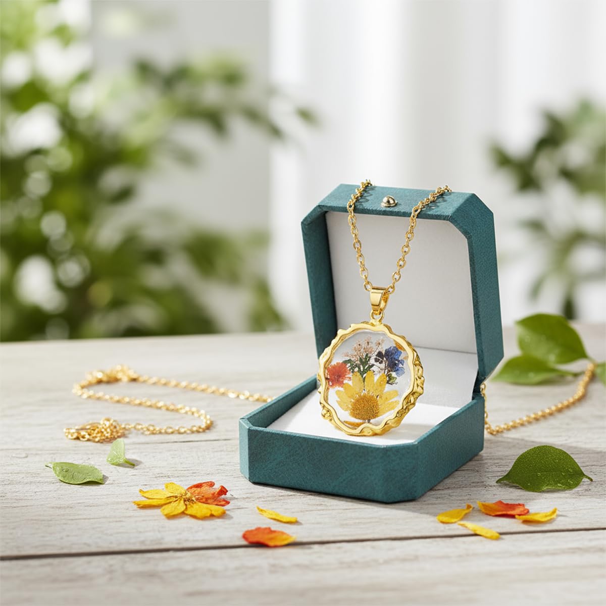 Hefestus Birth Flower Necklaces for Women,October Month Marigold Real Pressed Flower Necklace,Boho-Style Personalized Jewelry,Handmade Floral Pendant,Thoughtful Gift for Christmas,Birthday|18" (Gold)