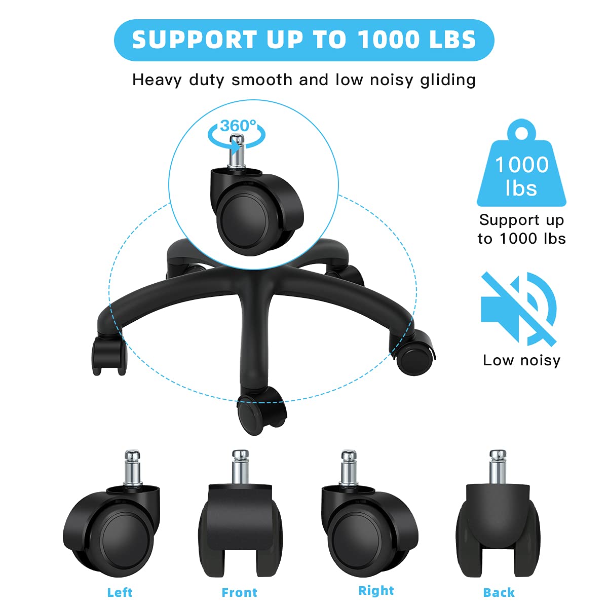 Office Chair Caster Wheels Replacement(Set of 5) for Hardwood Floors and Carpet- Heavy Duty Caster Support up to 1000bls, Office Chair Wheels,2 inch,Universal Size (Black)