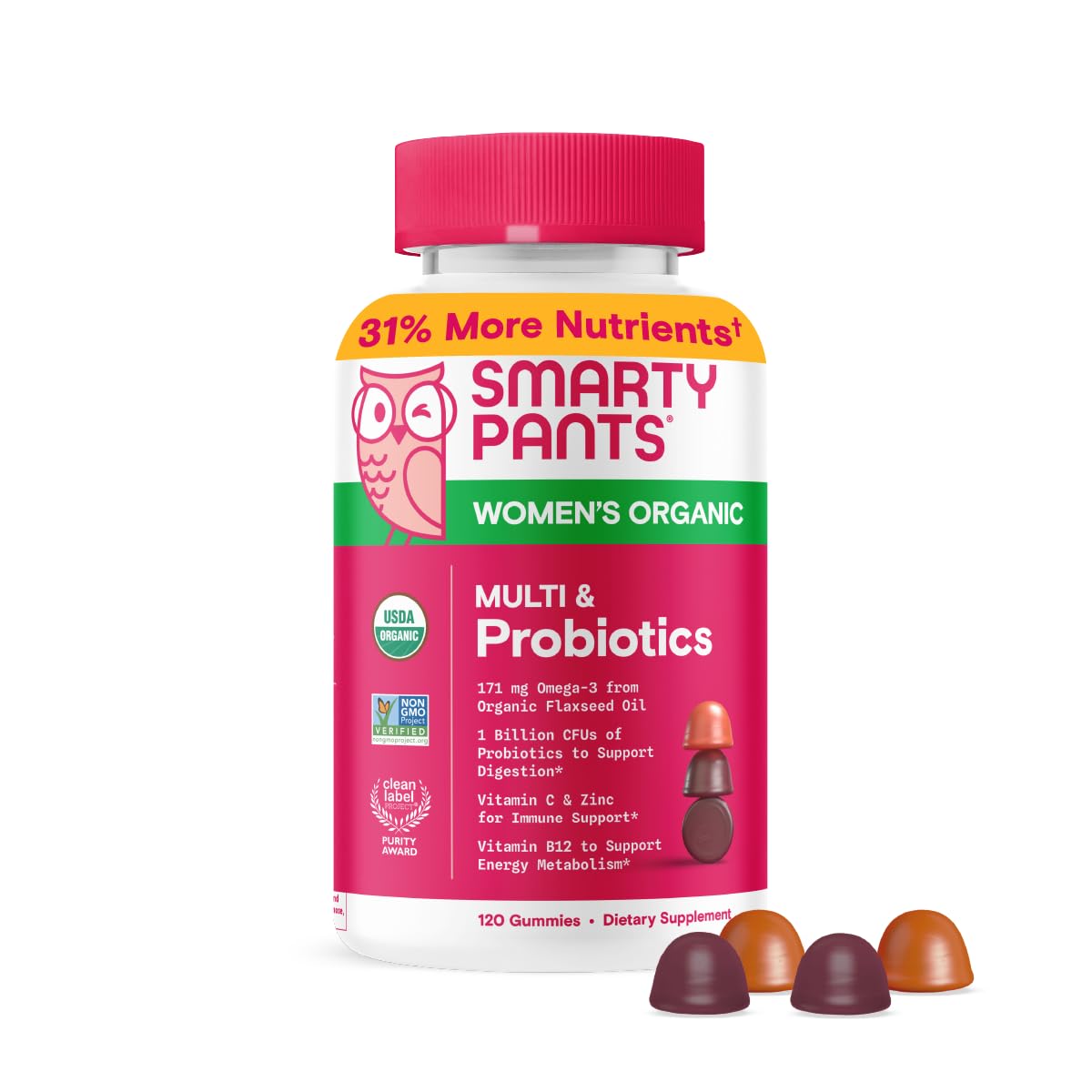 SmartyPants Organic Women's Multivitamin Gummies: Biotin, Probiotics, Methylfolate, Omega 3 (ALA), Vitamin D3, C, Vitamin B12, B6, A, K & Zinc, Inositol, Gluten Free, 120 Count (30 Day Supply)