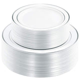 WDF 120PCS Plastic Christmas Plates White Silver Rim - Disposable Plates including 60PCS for Dinner 10.25inch, 60 Salad/Dessert Plates 7.5inch Heavy Duty Wedding