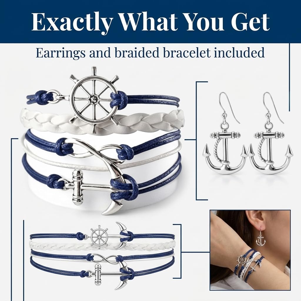 Infinity Collection Nautical Anchor Bracelet & Earrings Set, Navy & White