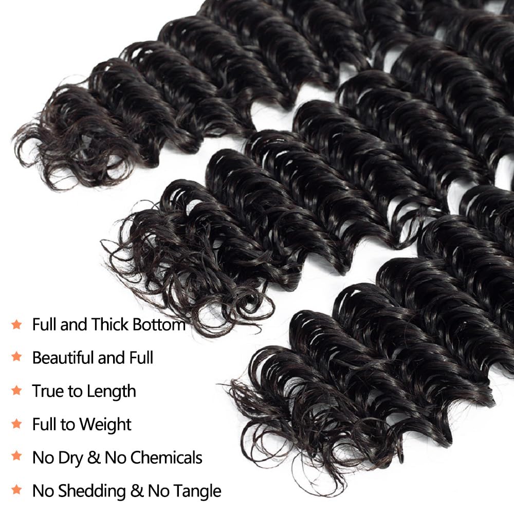 12A Deep Wave Human Hair Bundles 22 24 26 Inch Brazilian Deep Wave Curly Bundles Human Hair 100% Unprocessed Virgin Remy Wet and Wavy Hair Weave Natural Black