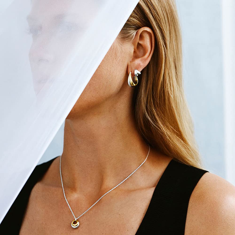 PICKBEAU 18K Two-tone Gold Silver Curve Earrings for Women | Light Weight Italian Design Click Top Chunky Hoop Earrings for Women