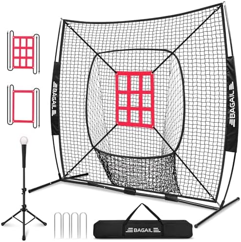 BAGAIL 7x7 ft Baseball & Softball Practice Net with Bow Frame for Batting, Hitting, Pitching, Portable Baseball Throwing Net with 2 Strike Zone Batting Tee, Carry Bag, Great for All Levels