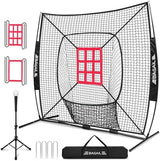 BAGAIL 7x7 ft Baseball & Softball Practice Net with Bow Frame for Batting, Hitting, Pitching, Portable Baseball Throwing Net with 2 Strike Zone Batting Tee, Carry Bag, Great for All Levels
