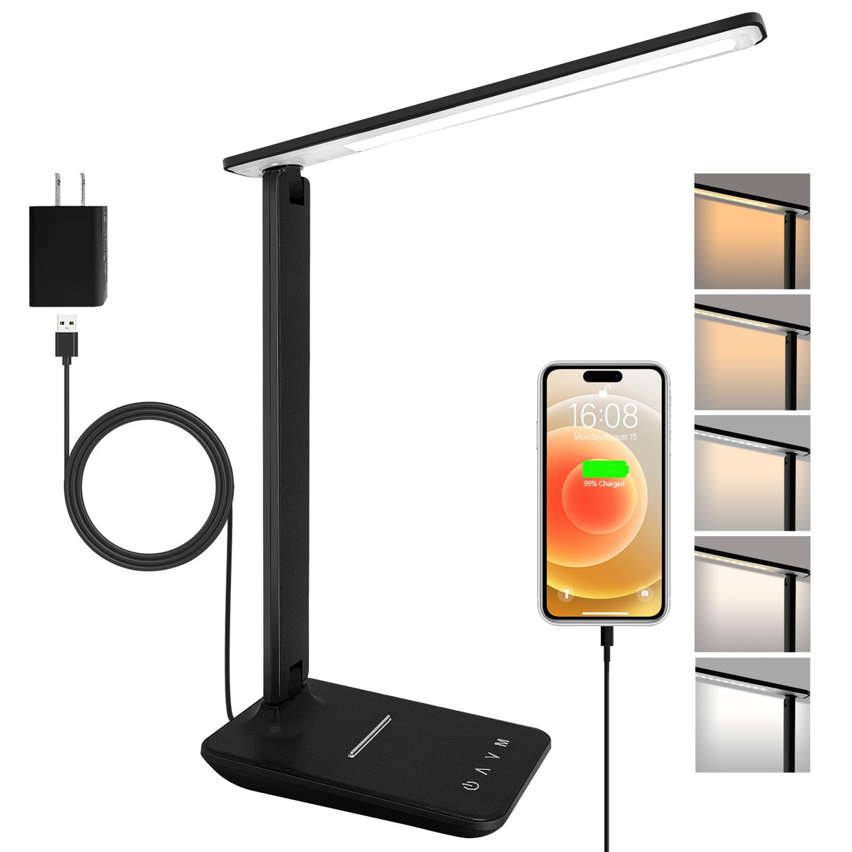 LED Desk Lamp for Office Home, Bright Desk Light with USB Charging Port, Adjustable Dimmable Desk Lamps 5 Modes 5 Brightness, Touch Study Lamp for Nail, Craft, Puzzle, Sewing, Study, White Pro