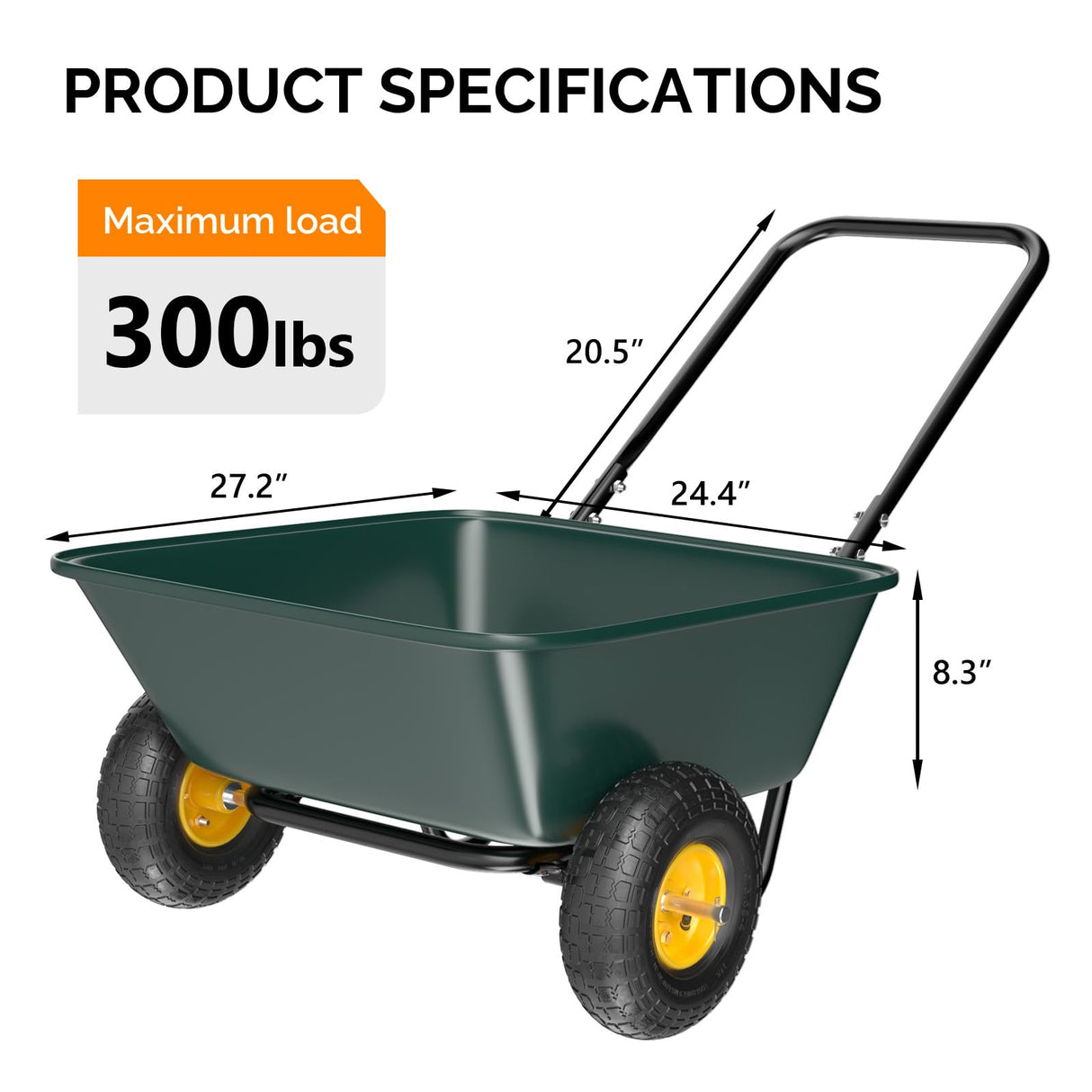 VINGLI 2 Wheel Wheelbarrow, Plastic and Steel Wheel Barrel, 330lbs Capacity Garden Cart for Lawn, Gardening, Construction