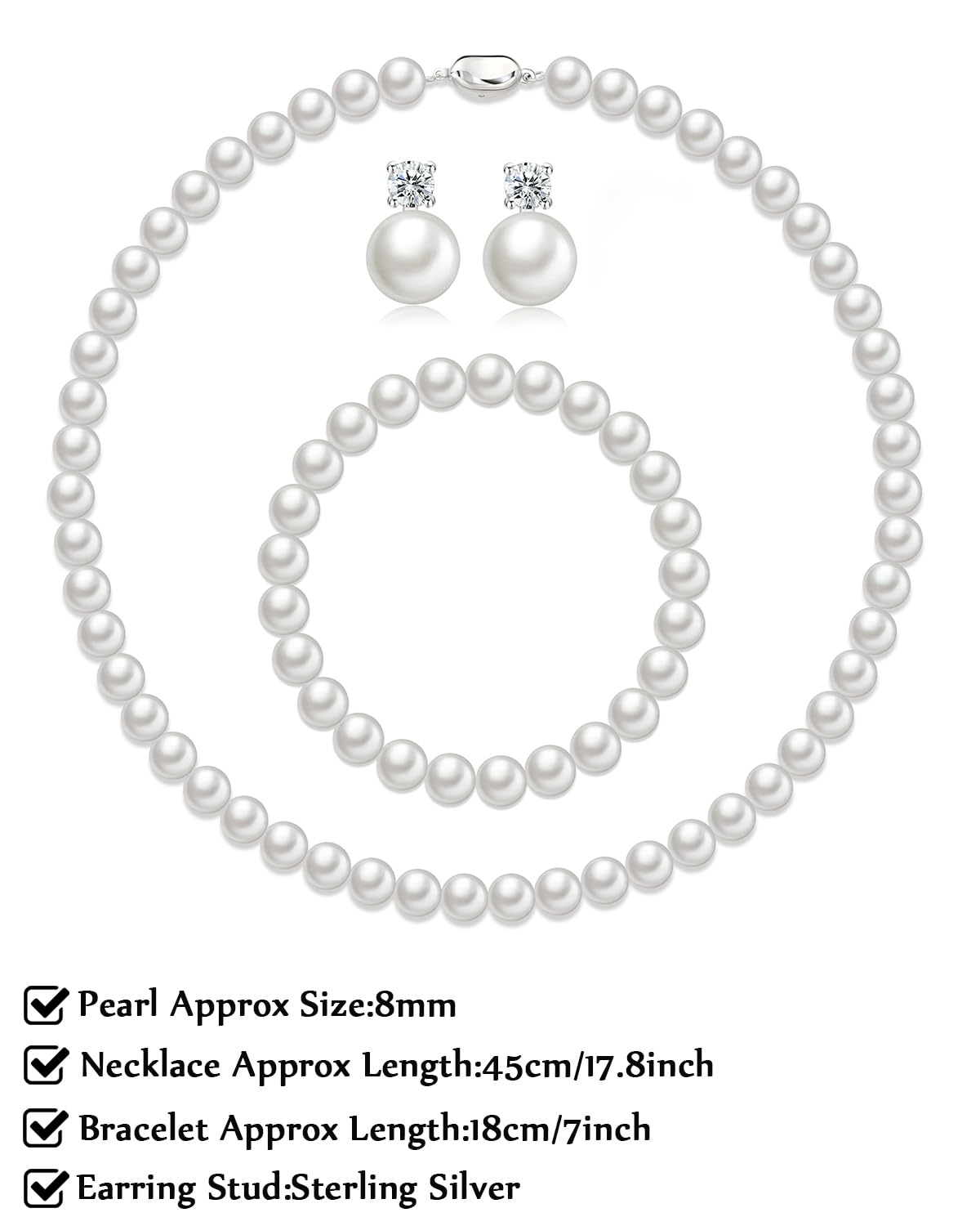 Pttozan Pearl Necklaces for Women,8mm White Pearl Necklace and Earring Bracelet Jewelry Set for Women Men Wedding Birthday Valentine Christmas Day Gifts