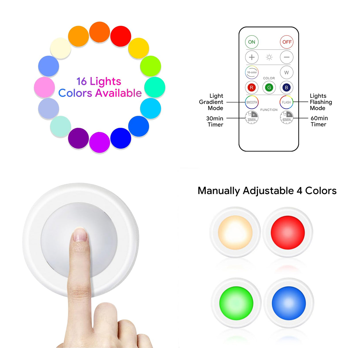 Yiliaw 12 Pack LED Puck Lights Remote Control 16 Color Changeable Under Cabinet Lights, Battery Operated Lights Night Light with Dimmer & Timmer for Closet Bedroom Kitchen, White