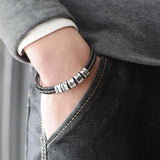 ShineSand Personalized Mens Leather Bracelet with Custom Beads, Customized Braid Leather Bracelet Engraved with Names for Men（Black, 5 Beads