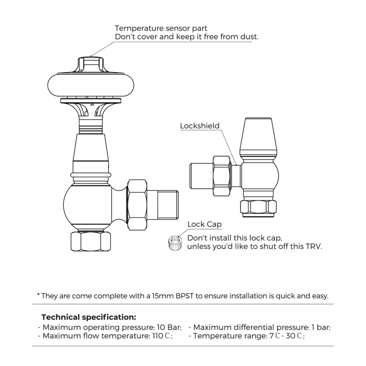 VANCOCO Traditional Angled Radiator Valves 1/2"×15mm, Brass Thermostatic Valve with Solid Wood Handwheel, Cast Iron Antique TRV Pair (Antique Brass)