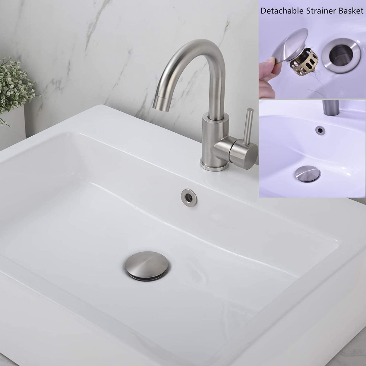 Rockgoya Bathroom Sink Drain,2 Pack Drain Stopper Bathroom Sink with Overflow,Pop Up Drain Assembly with Detachable Strainer Basket,Built-in Anti-Clogging Strainer,Stainless Steel Brushed Nickel