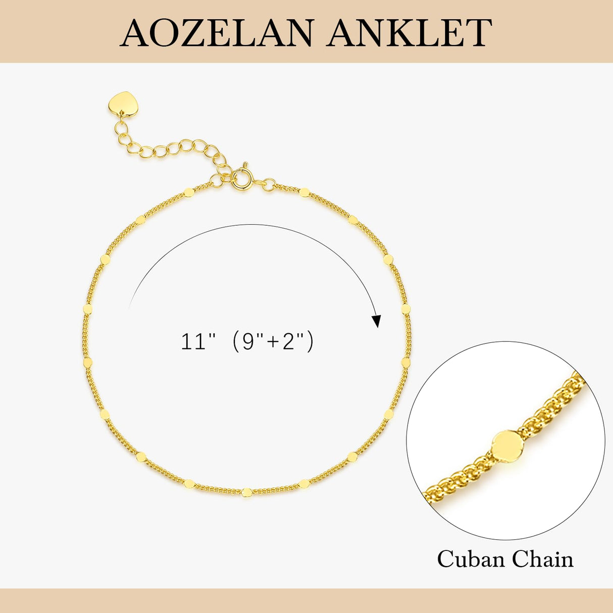 AOZELAN 14K Gold Anklets for Women Gold Ankle Bracelets for Women Cuban Chain with Spaced Tiny Disc 11(9+2) Inches