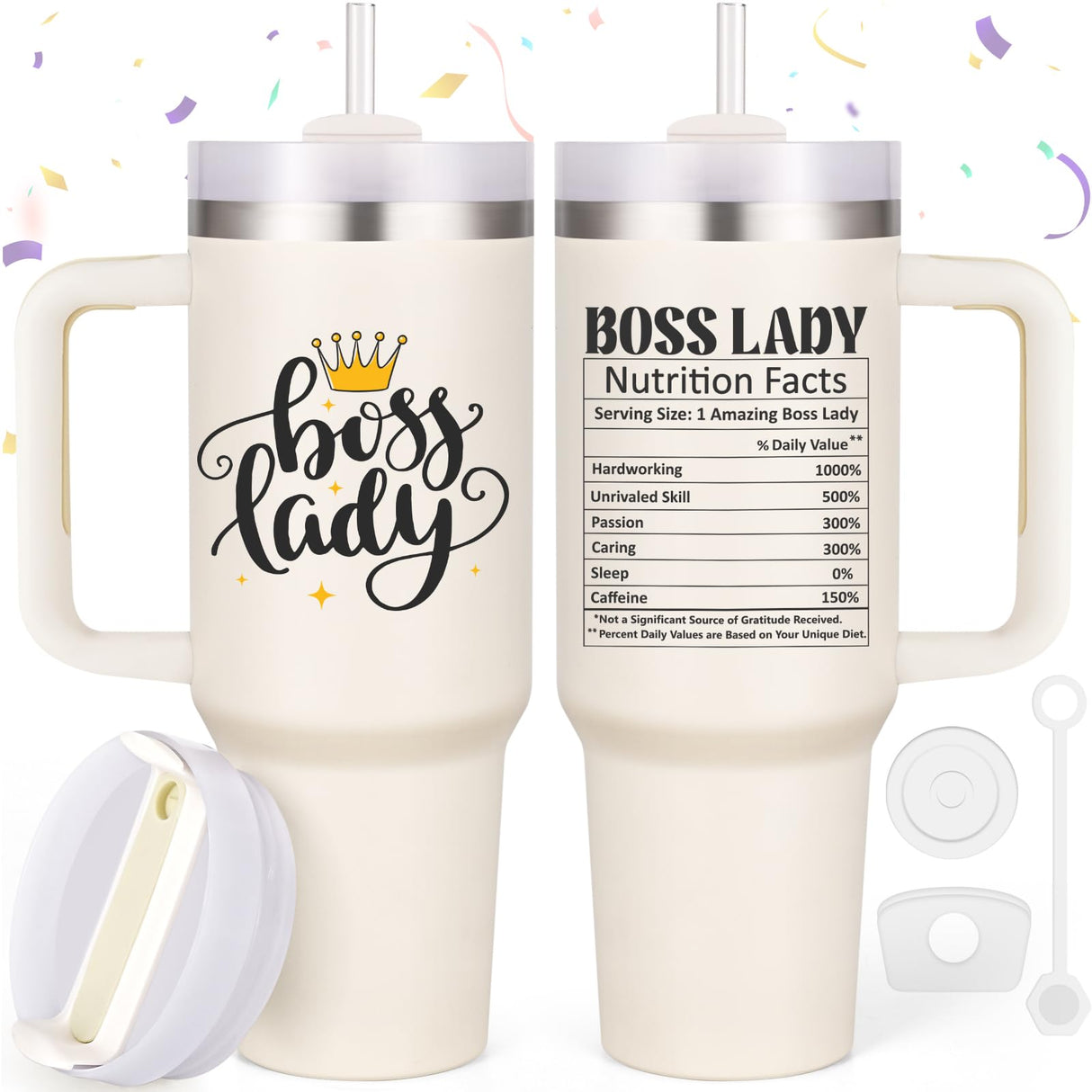 LiqCool Boss Gifts for Women - 40 oz Tumbler with Handle and Straw Lid, Great Gift Idea for Bosses Day, Birthday, Christmas (Cream)