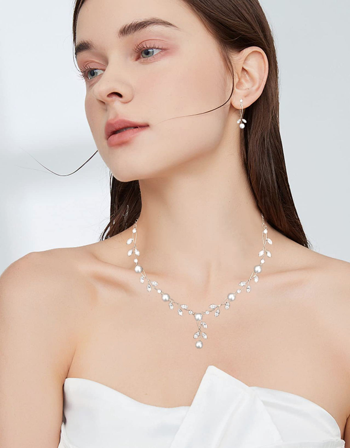 Enrwin Luxury Cubic Zirconia Aurtrian Crystal Pearl Floral Necklace Dangle Earrings Link Bracelet Set Wedding Bridal Jewelry Set Birthday Gifts for Her, Style2-Clear-Silver Plated