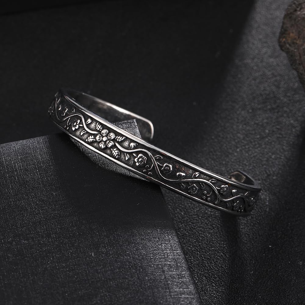 YWMAN Vintage Floral Cuff Bracelet, Stainless Steel Flower Bangle Bracelets for Women