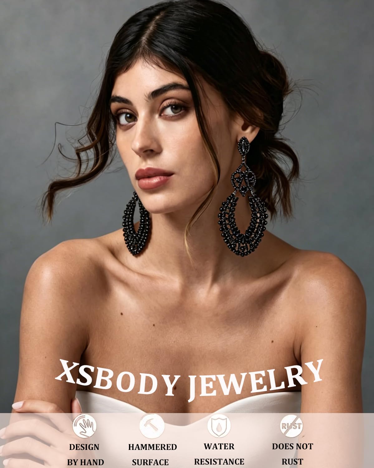 XSBODY Rhinestone Black Dangle Earrings for women Crystal Geometric Drop Statement Earrings Costume Jewelry (A-Black)