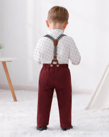 DISAUR Boys Church Outfit Short Sleeve White Flower Dress Shirt Bow Tie Suspender Christmas Red Plaid Pants Toddler Formal Outfit Boy 2t 3t 2-3t
