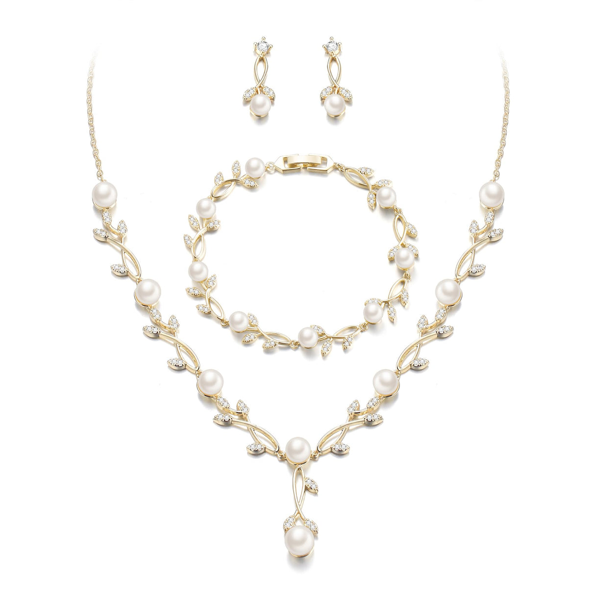 EVER FAITH Cubic Zirconia Pearl Leaf Wedding Jewelry Set for Bride Gold